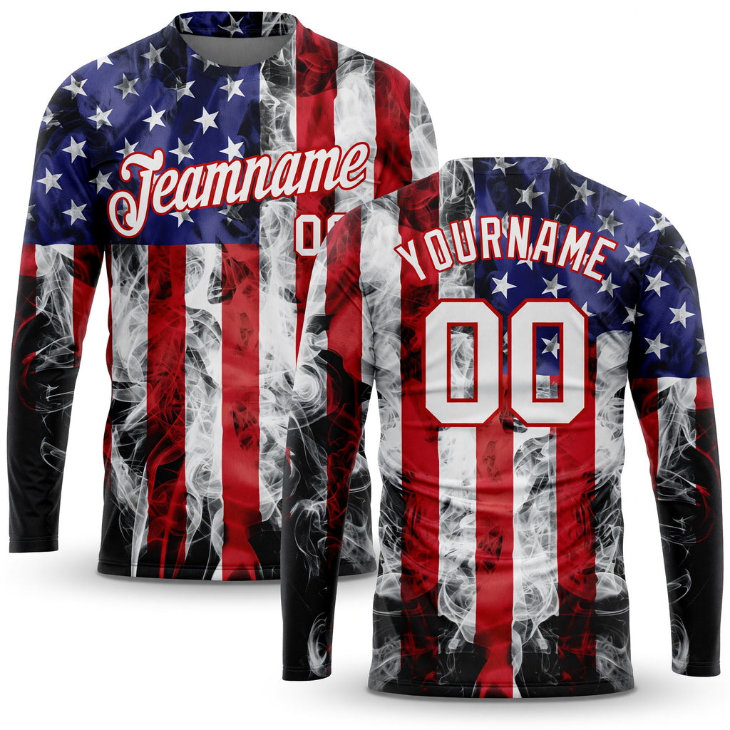 Custom White White Red-Royal American Flag Fashion 3D Long Sleeve Performance T-Shirt