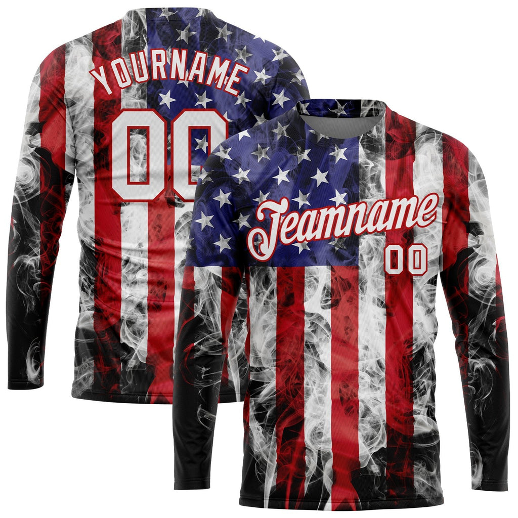 Custom White White Red-Royal American Flag Fashion 3D Long Sleeve Performance T-Shirt photo 1