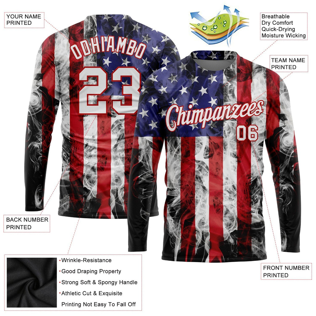 Custom White White Red-Royal American Flag Fashion 3D Long Sleeve Performance T-Shirt photo 2