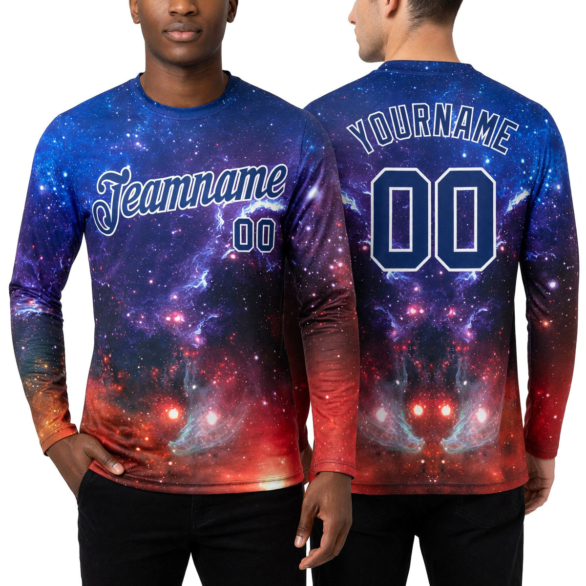 Custom Galactic White-Light Blue 3D Pattern Long Sleeve Performance T-Shirt worn front and back