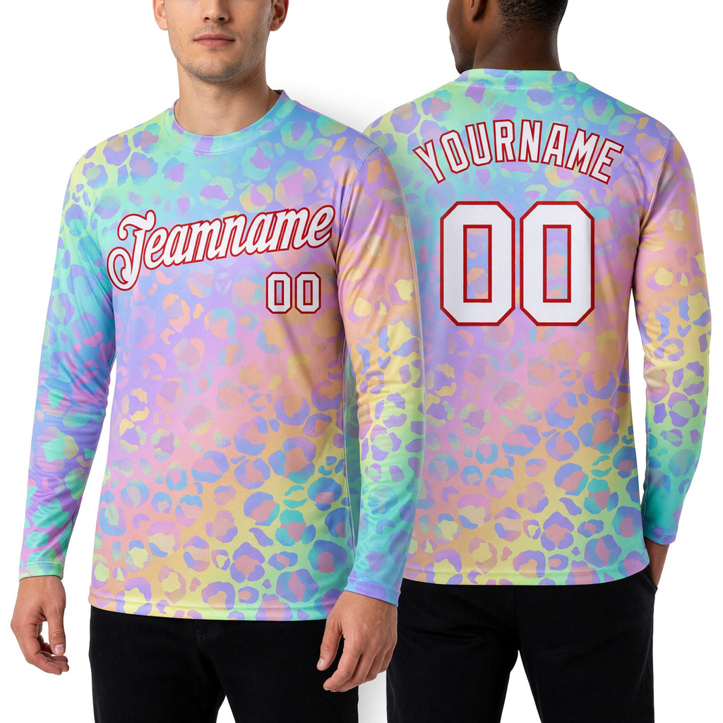 Custom Pink White-Red Leopard 3D Pattern Long Sleeve Performance T-Shirt worn front and back