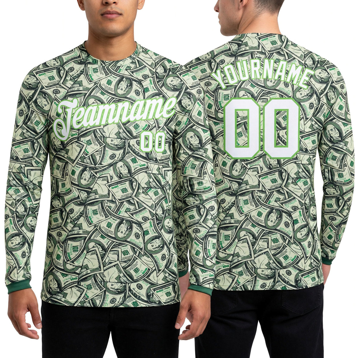 Custom Green White-Neon Green Dollar 3D Pattern Long Sleeve Performance T-Shirt worn front and back