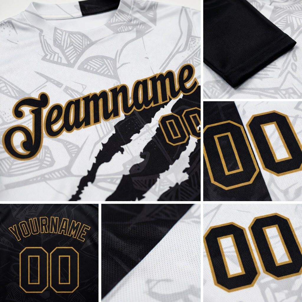 Custom Graffiti Pattern Black-Old Gold Scratch 3D Long Sleeve Performance T-Shirt detail