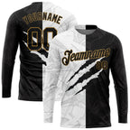 Custom Graffiti Pattern Black-Old Gold Scratch 3D Long Sleeve Performance T-Shirt photo 1