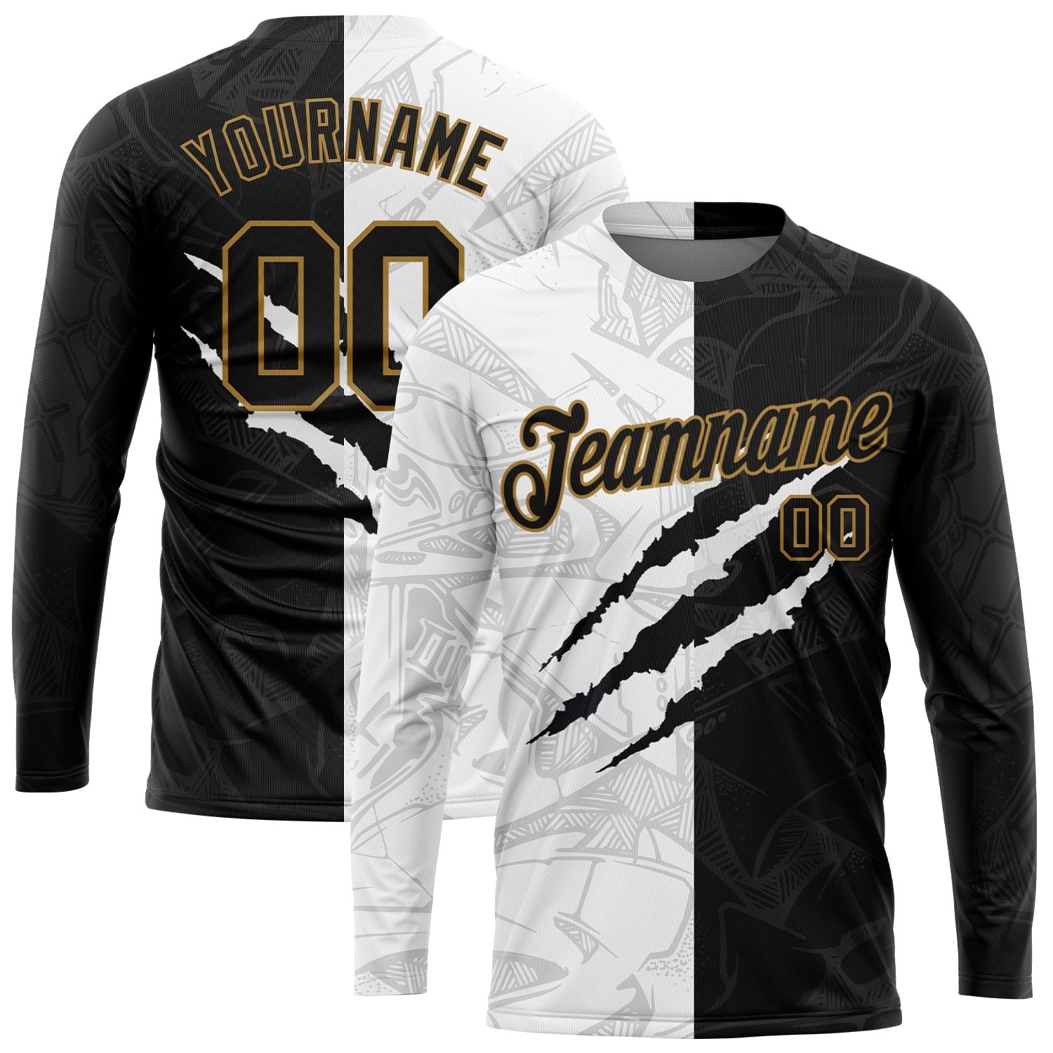 Custom Graffiti Pattern Black-Old Gold Scratch 3D Long Sleeve Performance T-Shirt photo 1