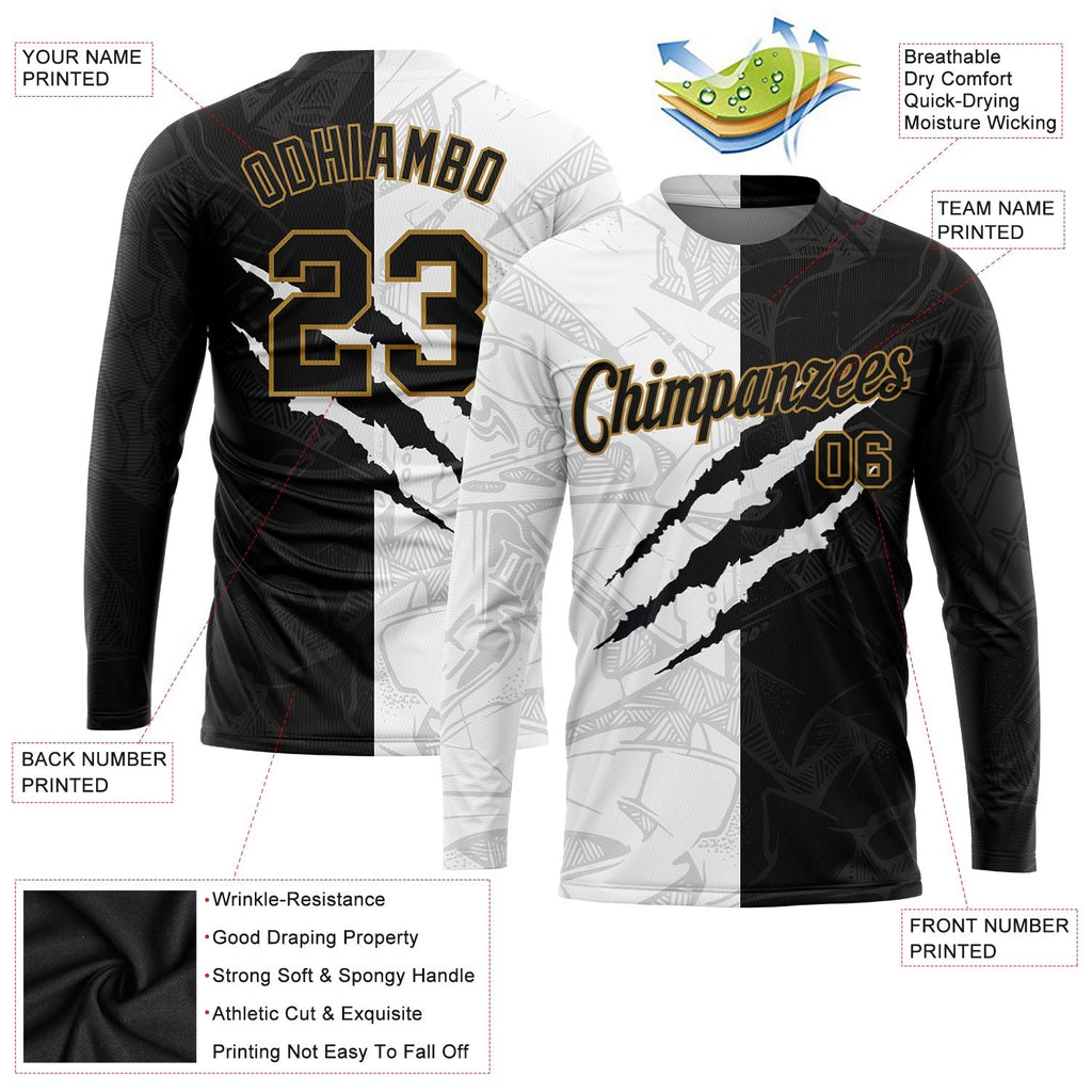 Custom Graffiti Pattern Black-Old Gold Scratch 3D Long Sleeve Performance T-Shirt photo 2