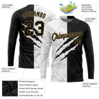 Custom Graffiti Pattern Black-Old Gold Scratch 3D Long Sleeve Performance T-Shirt photo 2