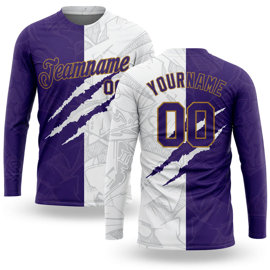 Custom Graffiti Pattern Purple-Old Gold Scratch 3D Long Sleeve Performance T-Shirt