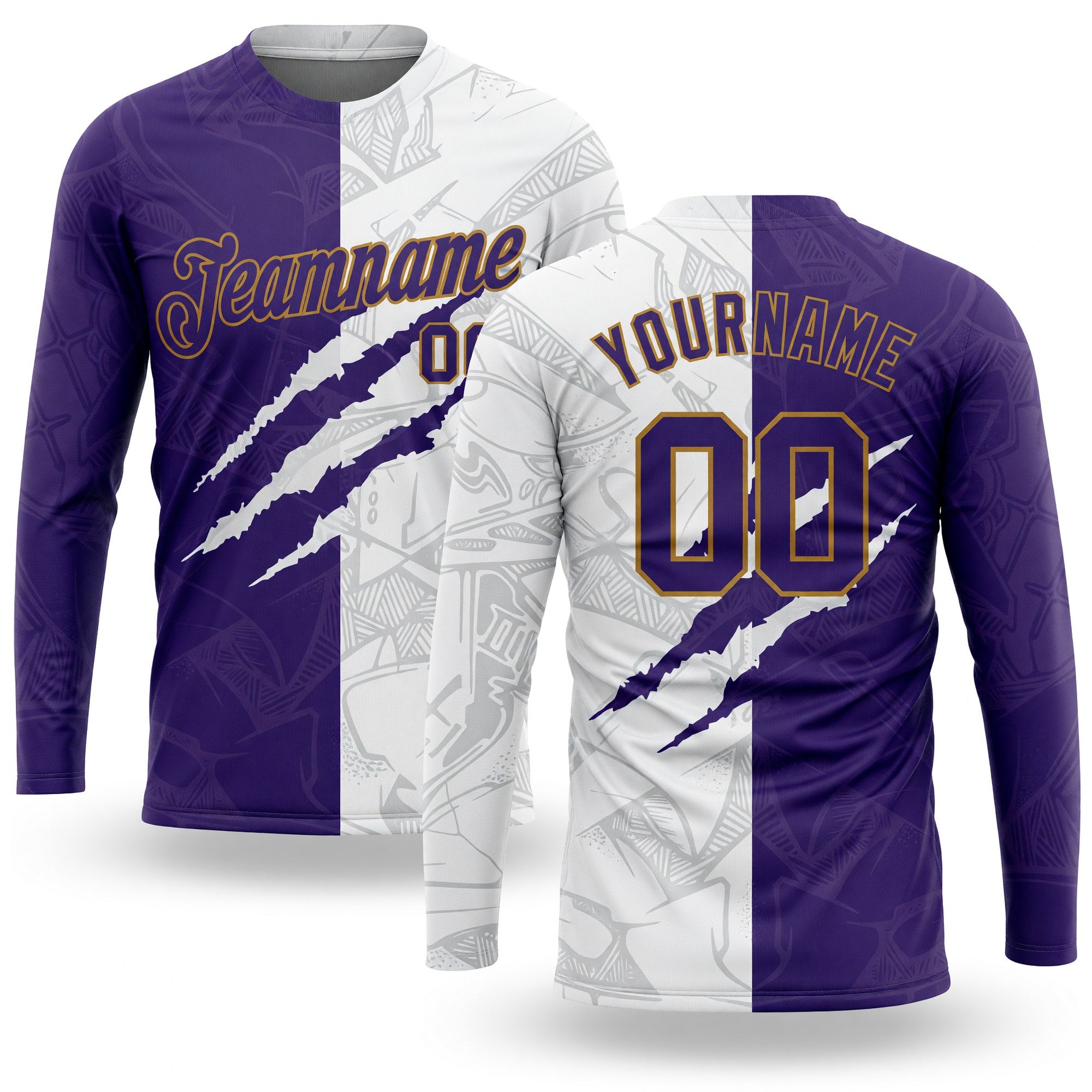 Custom Graffiti Pattern Purple-Old Gold Scratch 3D Long Sleeve Performance T-Shirt