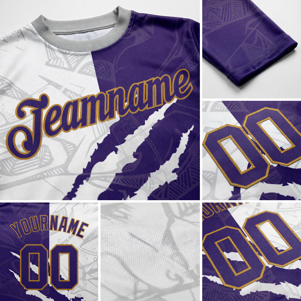 Custom Graffiti Pattern Purple-Old Gold Scratch 3D Long Sleeve Performance T-Shirt detail