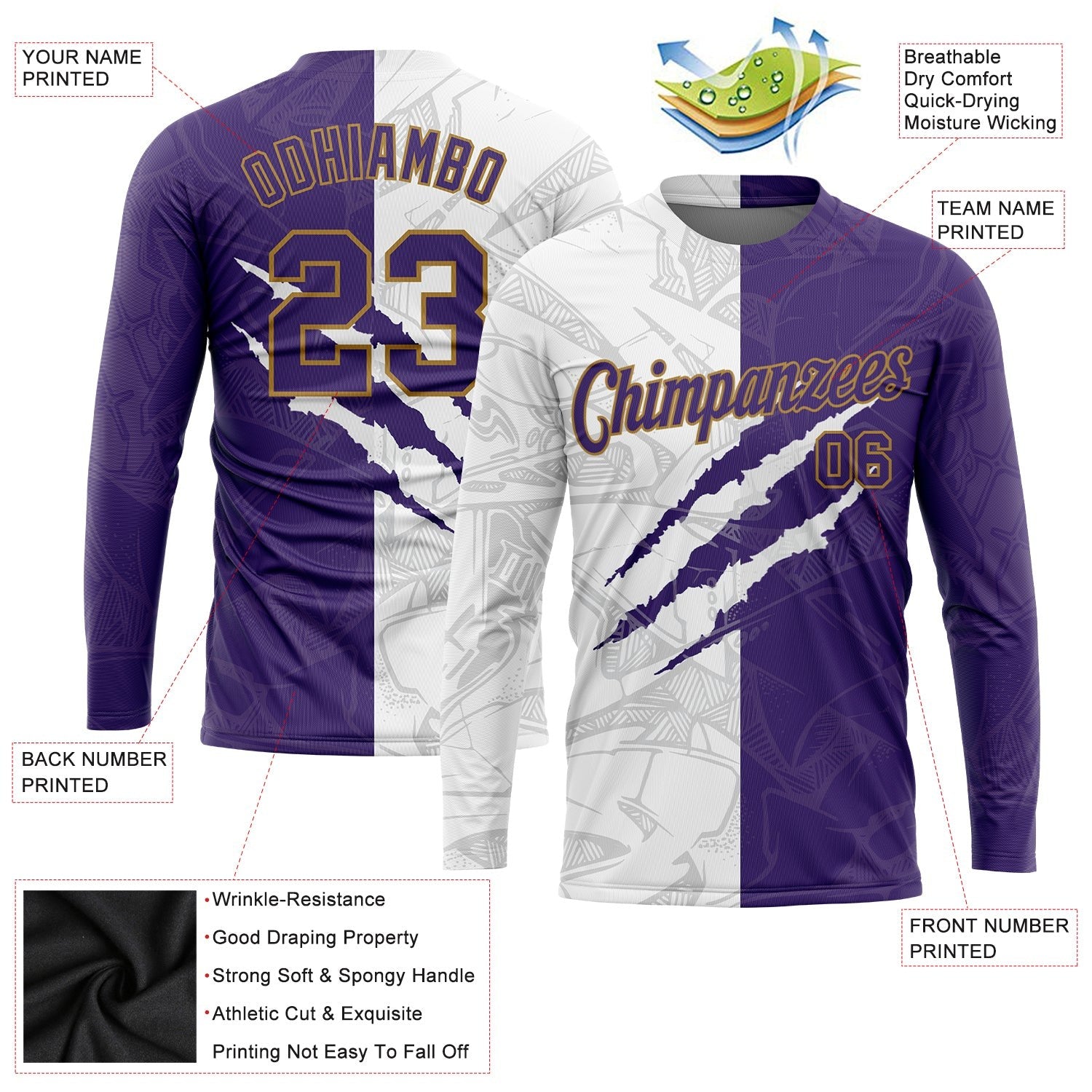 Custom Graffiti Pattern Purple-Old Gold Scratch 3D Long Sleeve Performance T-Shirt photo 2