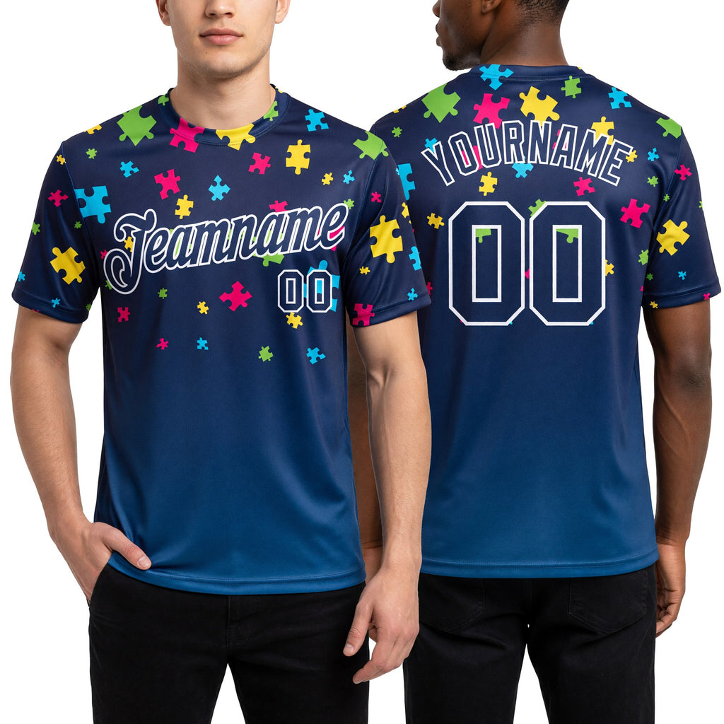 Custom Navy Navy-White Autism Supporter Awareness Puzzle Pieces 3D Pattern Long Sleeve Performance T-Shirt worn front and back