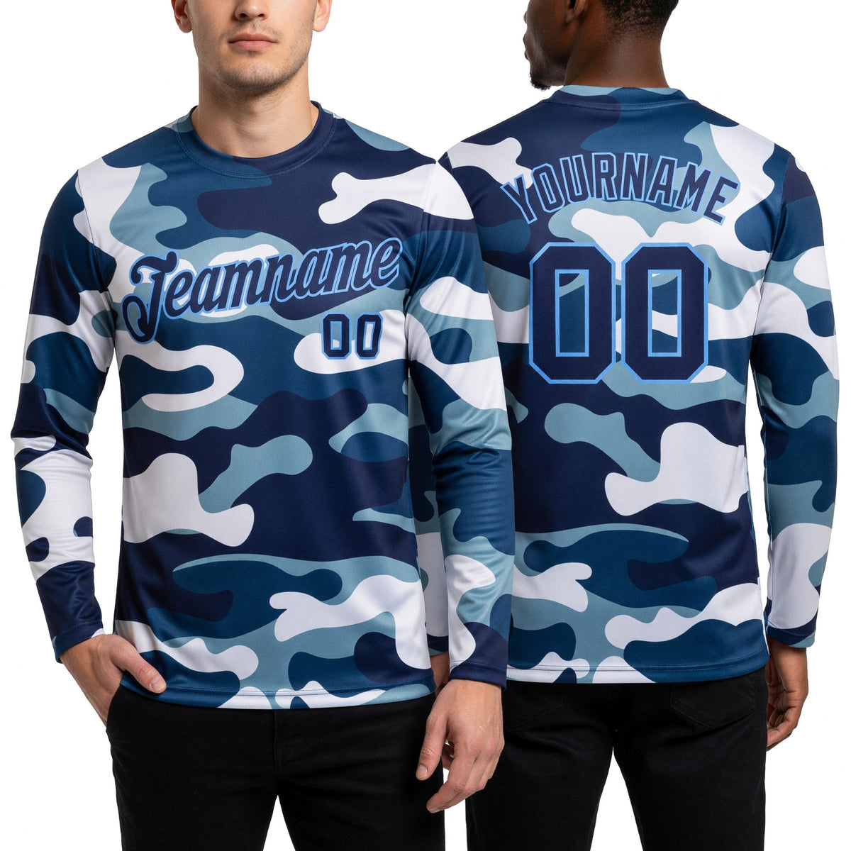 Custom Camo Navy-Light Blue Salute To Service Long Sleeve Performance T-Shirt worn front and back