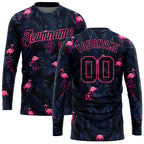 Custom Black Black-Pink Flamingo 3D Pattern Long Sleeve Performance T-Shirt