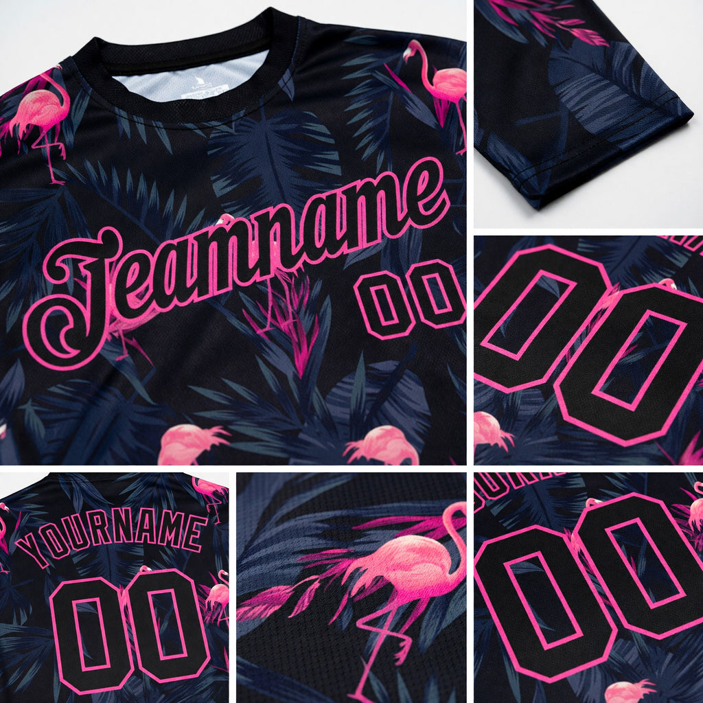 Custom Black Black-Pink Flamingo 3D Pattern Long Sleeve Performance T-Shirt detail
