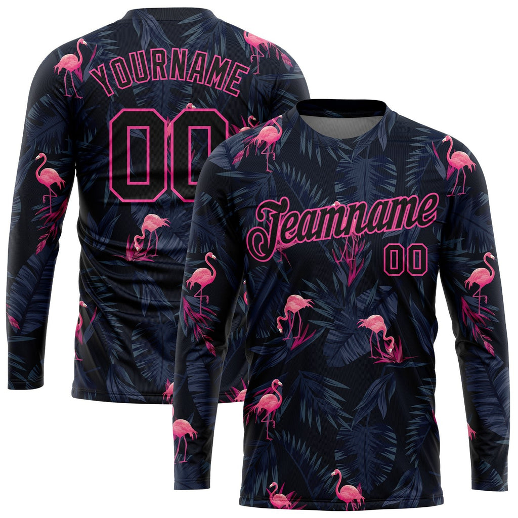 Custom Black Black-Pink Flamingo 3D Pattern Long Sleeve Performance T-Shirt photo 1