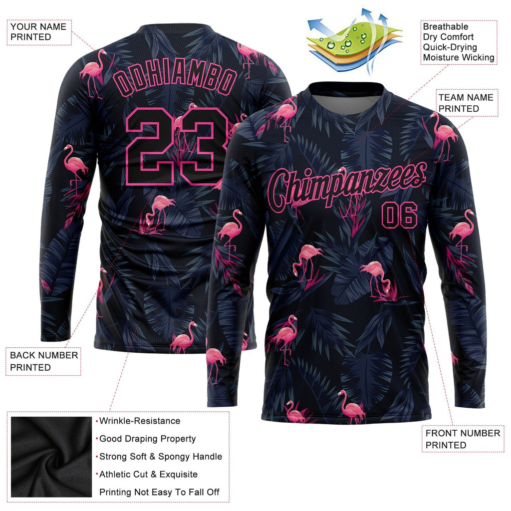 Custom Black Black-Pink Flamingo 3D Pattern Long Sleeve Performance T-Shirt photo 2