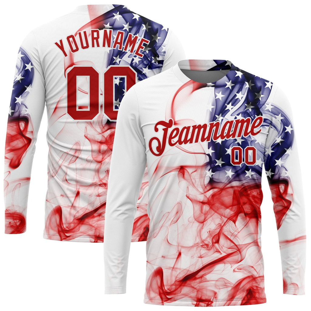 Custom White Red-Royal American Flag Fashion 3D Long Sleeve Performance T-Shirt photo 1