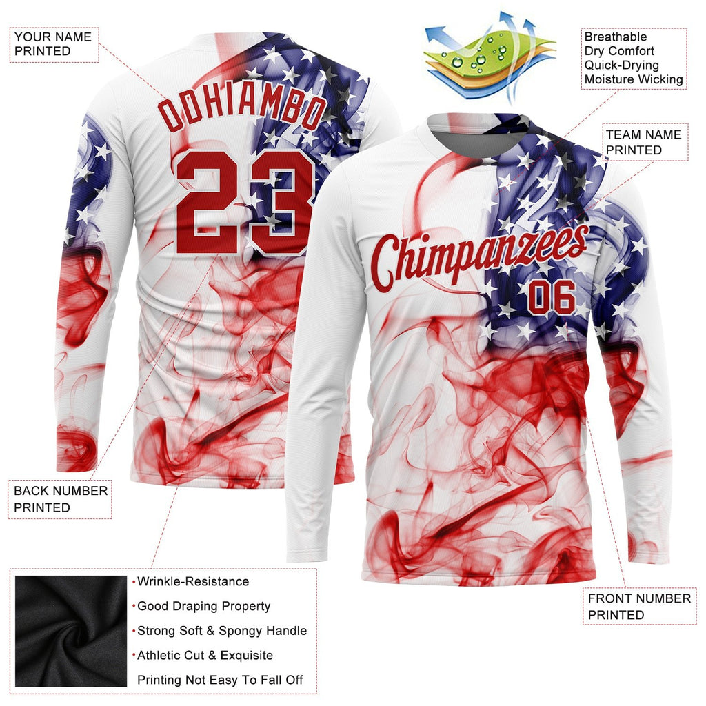Custom White Red-Royal American Flag Fashion 3D Long Sleeve Performance T-Shirt photo 2