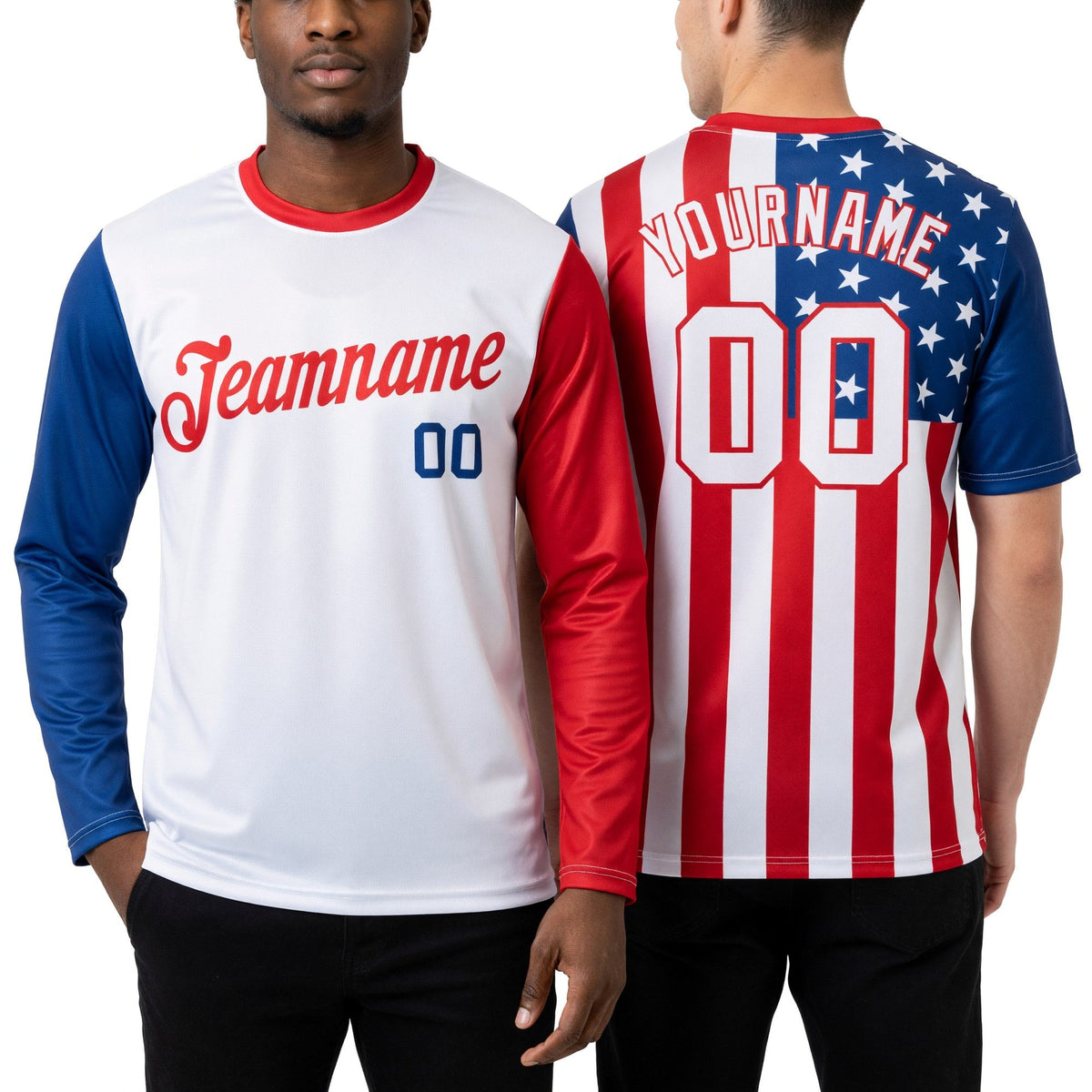 Custom White White Red-Royal American Flag Fashion 3D Long Sleeve Performance T-Shirt worn front and back