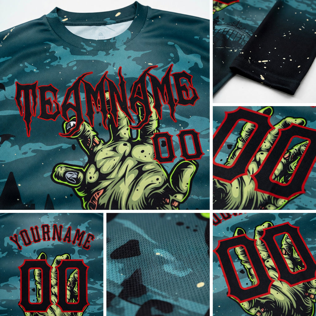 Custom 3D Pattern Halloween Horror Night Trick Treat Long Sleeve Performance T-Shirt detail