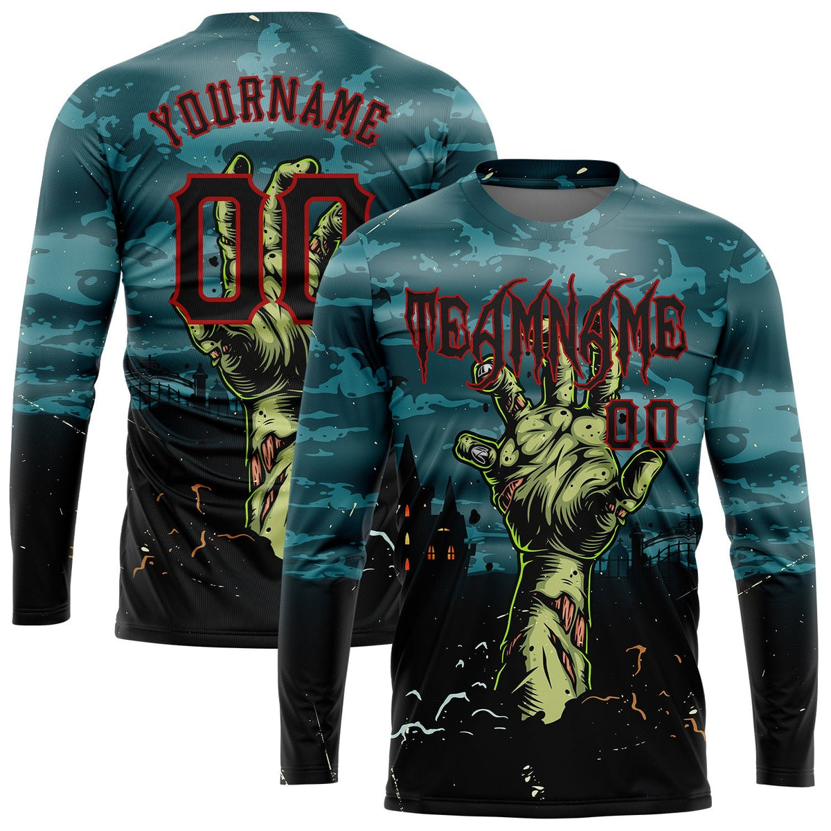 Custom 3D Pattern Halloween Horror Night Trick Treat Long Sleeve Performance T-Shirt photo 1