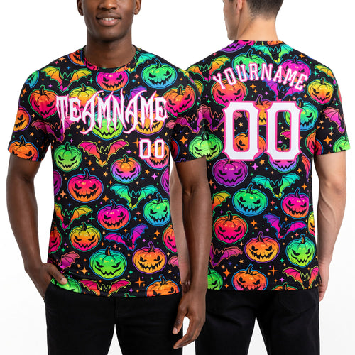 Custom 3D Pattern Bright Multicolored Halloween Pumpkins And Bats Long Sleeve Performance T-Shirt worn front and back