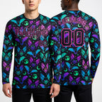 Custom 3D Pattern Bright Multicolored Halloween Bats Long Sleeve Performance T-Shirt worn front and back