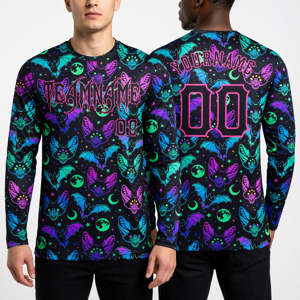 Custom 3D Pattern Bright Multicolored Halloween Bats Long Sleeve Performance T-Shirt worn front and back