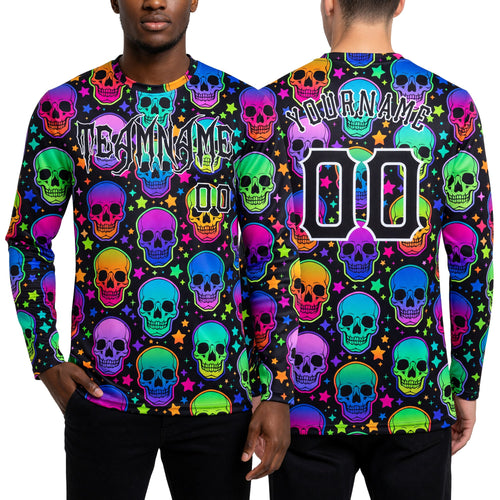 Custom 3D Pattern Bright Multicolored Halloween Skulls Long Sleeve Performance T-Shirt worn front and back