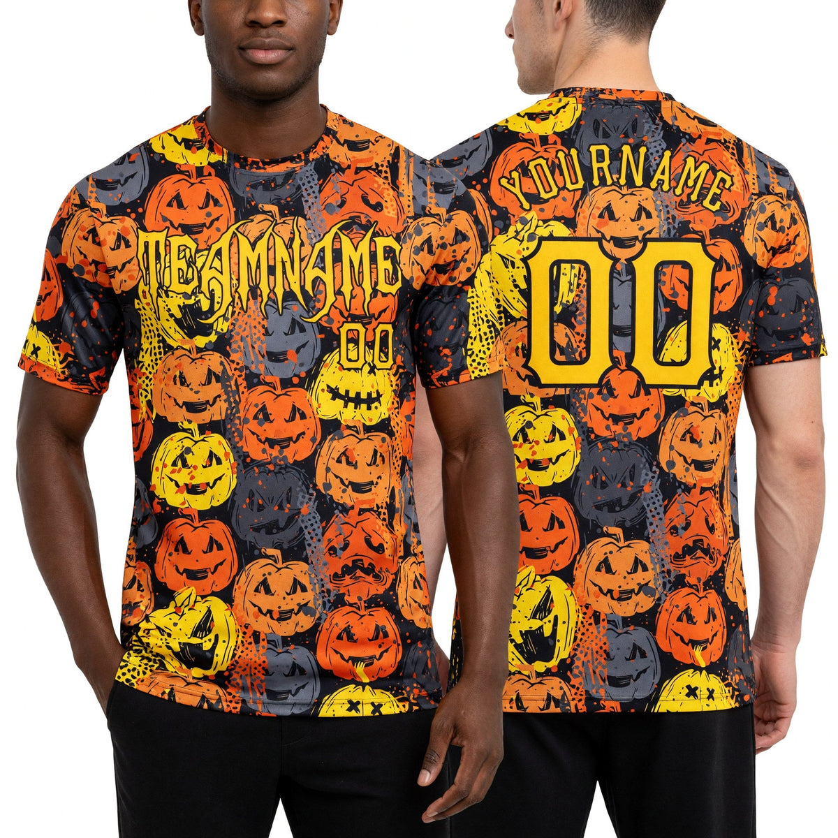 Custom 3D Pattern Halloween Pumpkins Long Sleeve Performance T-Shirt worn front and back