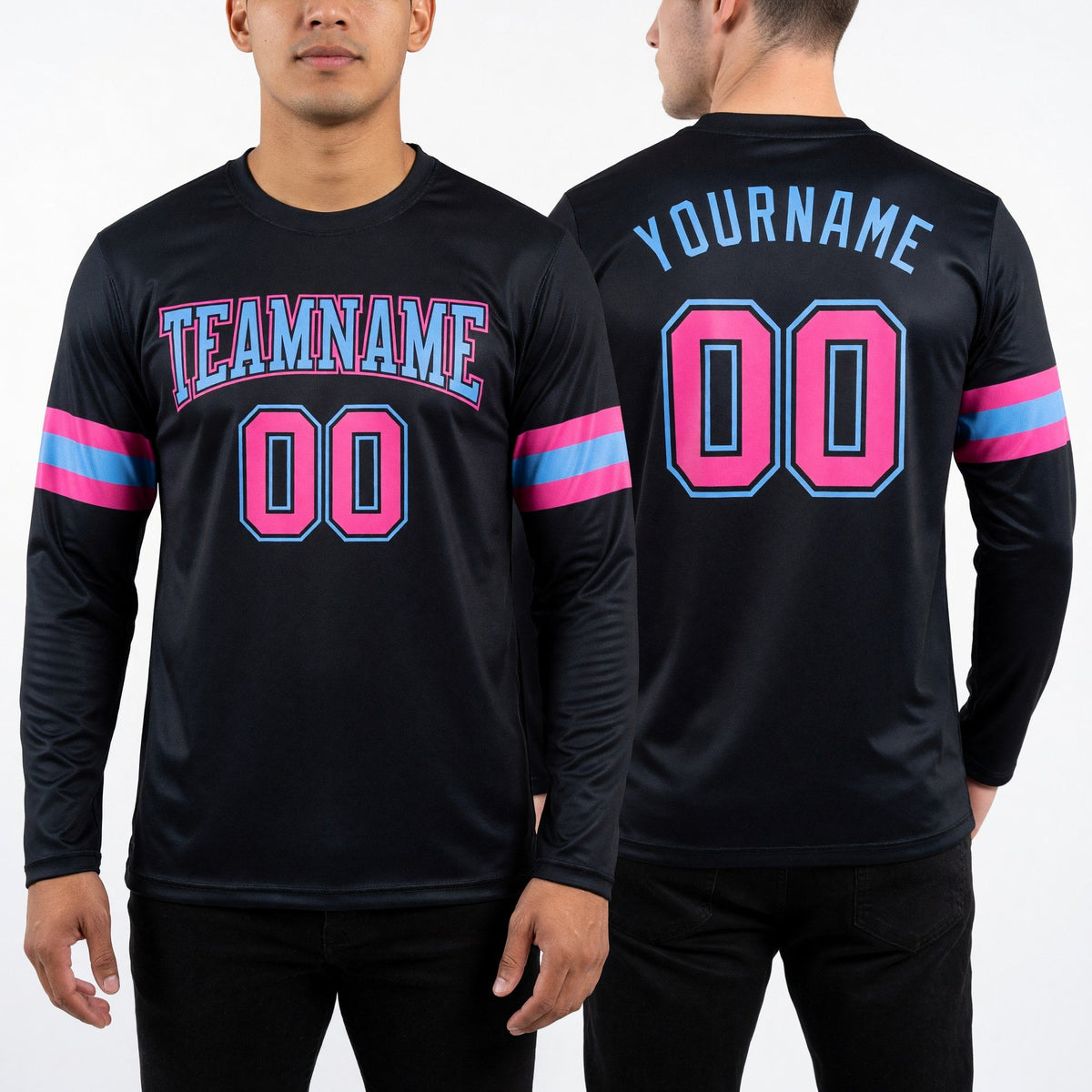 Custom Black Pink-Light Blue Long Sleeve Performance T-Shirt worn front and back
