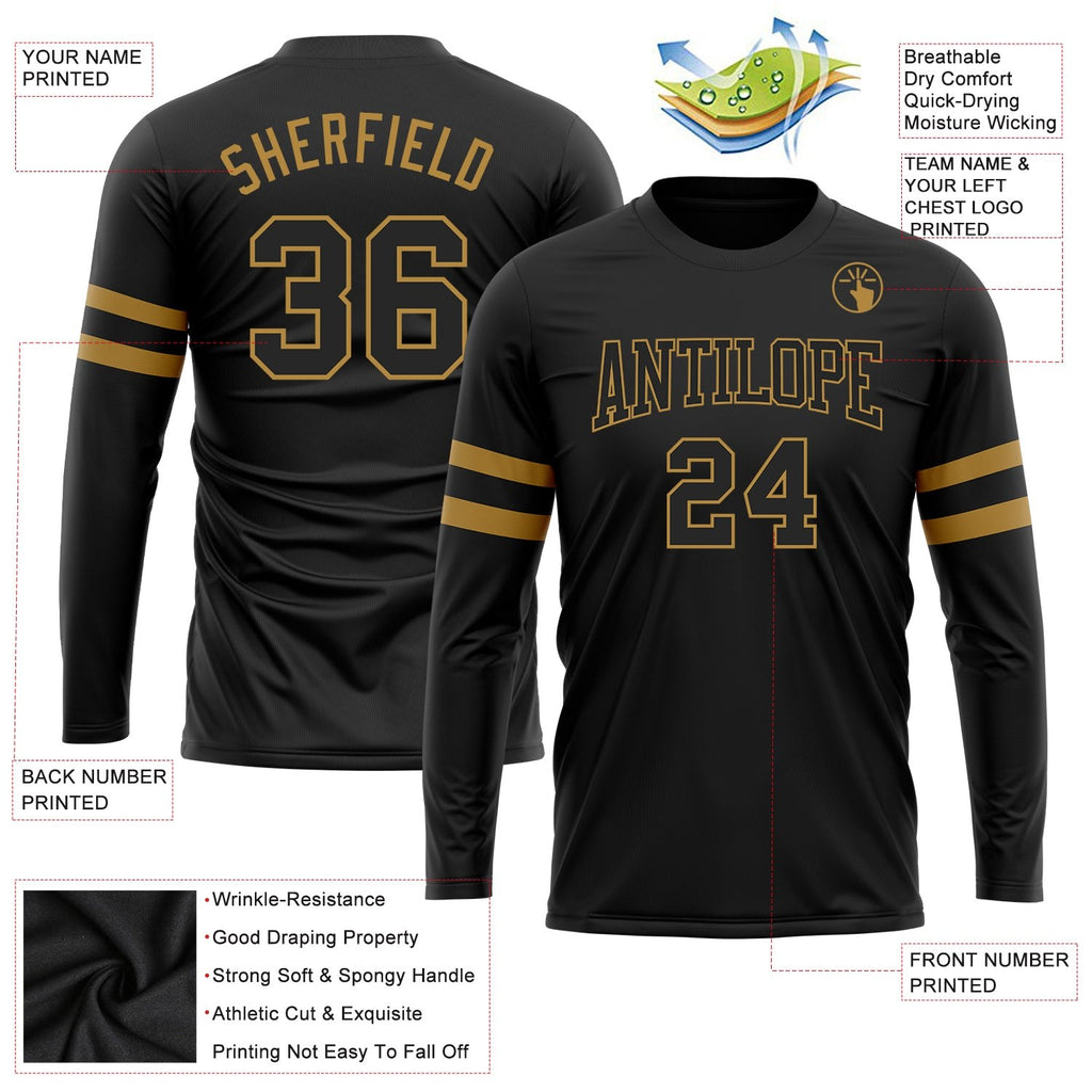 Custom Black Black-Old Gold Long Sleeve Performance T-Shirt photo 3