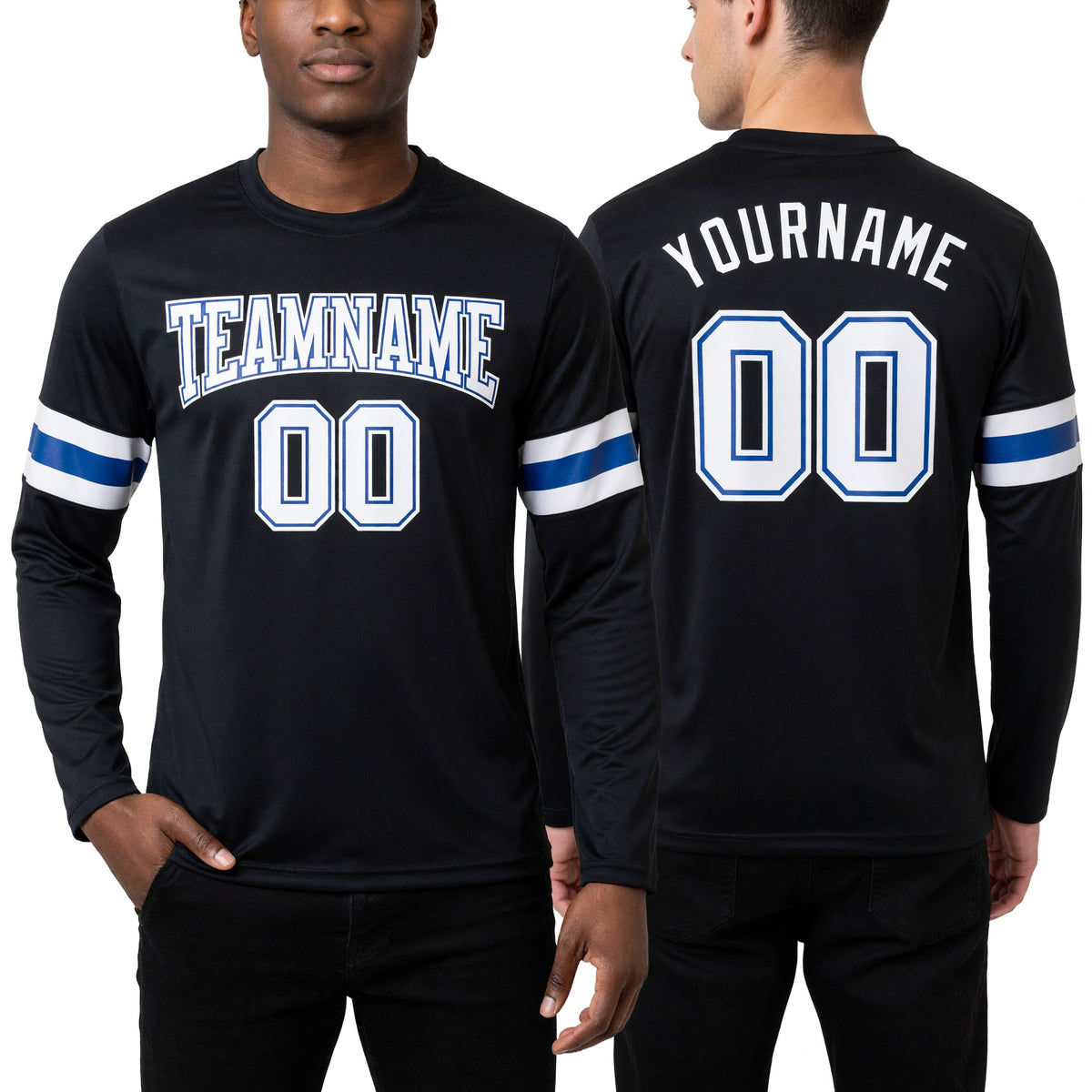 Custom Black White-Royal Long Sleeve Performance T-Shirt worn front and back
