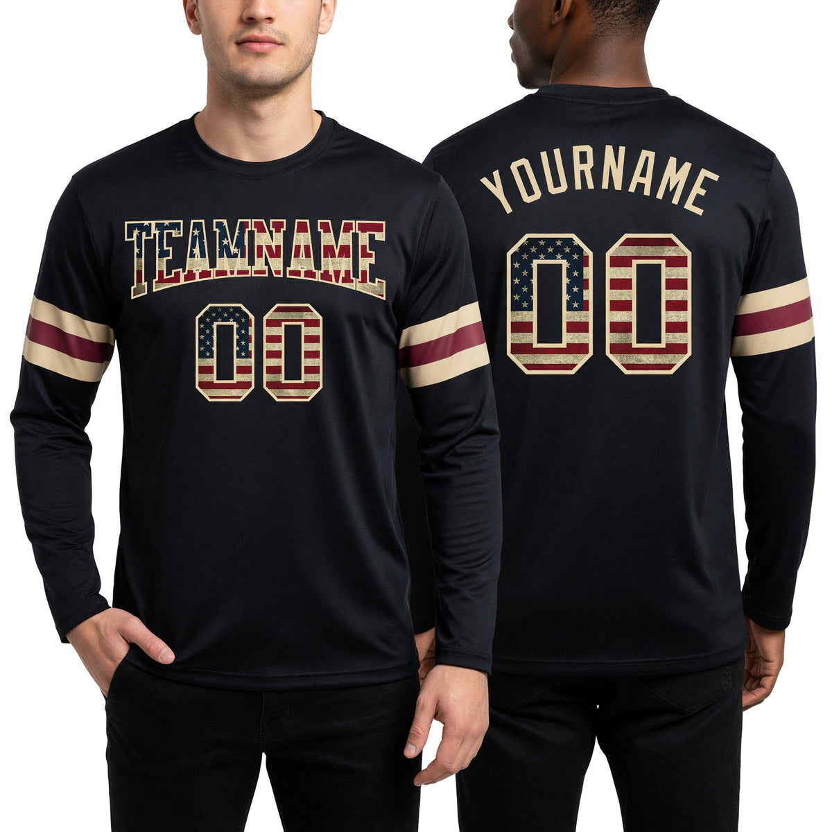 Custom Black Vintage USA Flag Crimson-Cream Long Sleeve Performance T-Shirt worn front and back