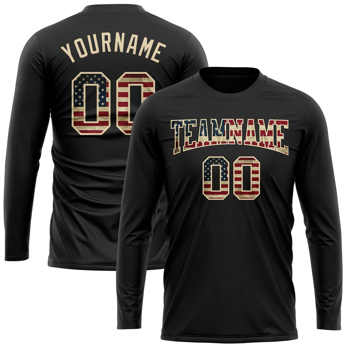 Custom Black Vintage USA Flag Crimson-Cream Long Sleeve Performance T-Shirt photo 2
