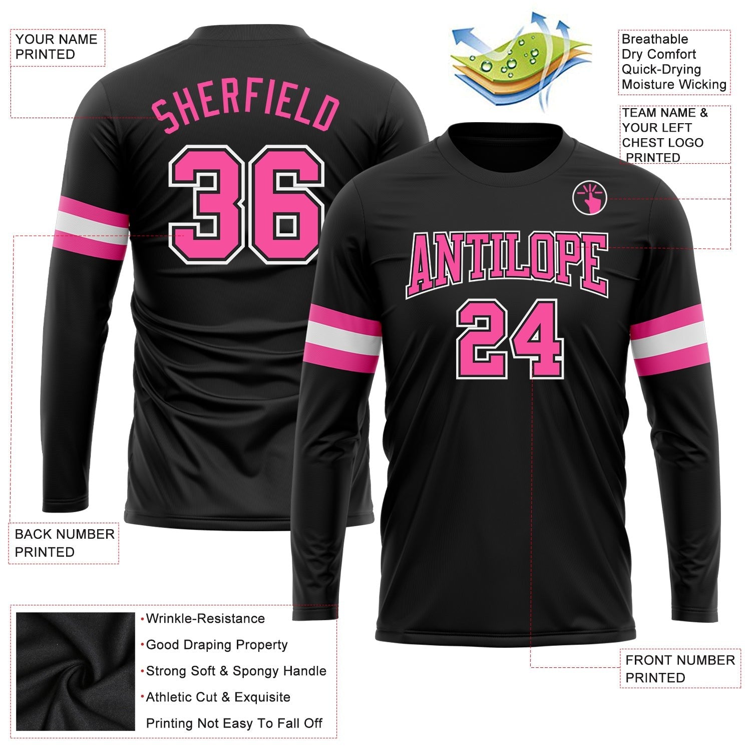 Custom Black Pink-White Long Sleeve Performance T-Shirt photo 3