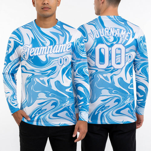 Custom 3D Pattern Design Abstract Ocean With Waves Fluid Art Long Sleeve Performance T-Shirt worn front and back