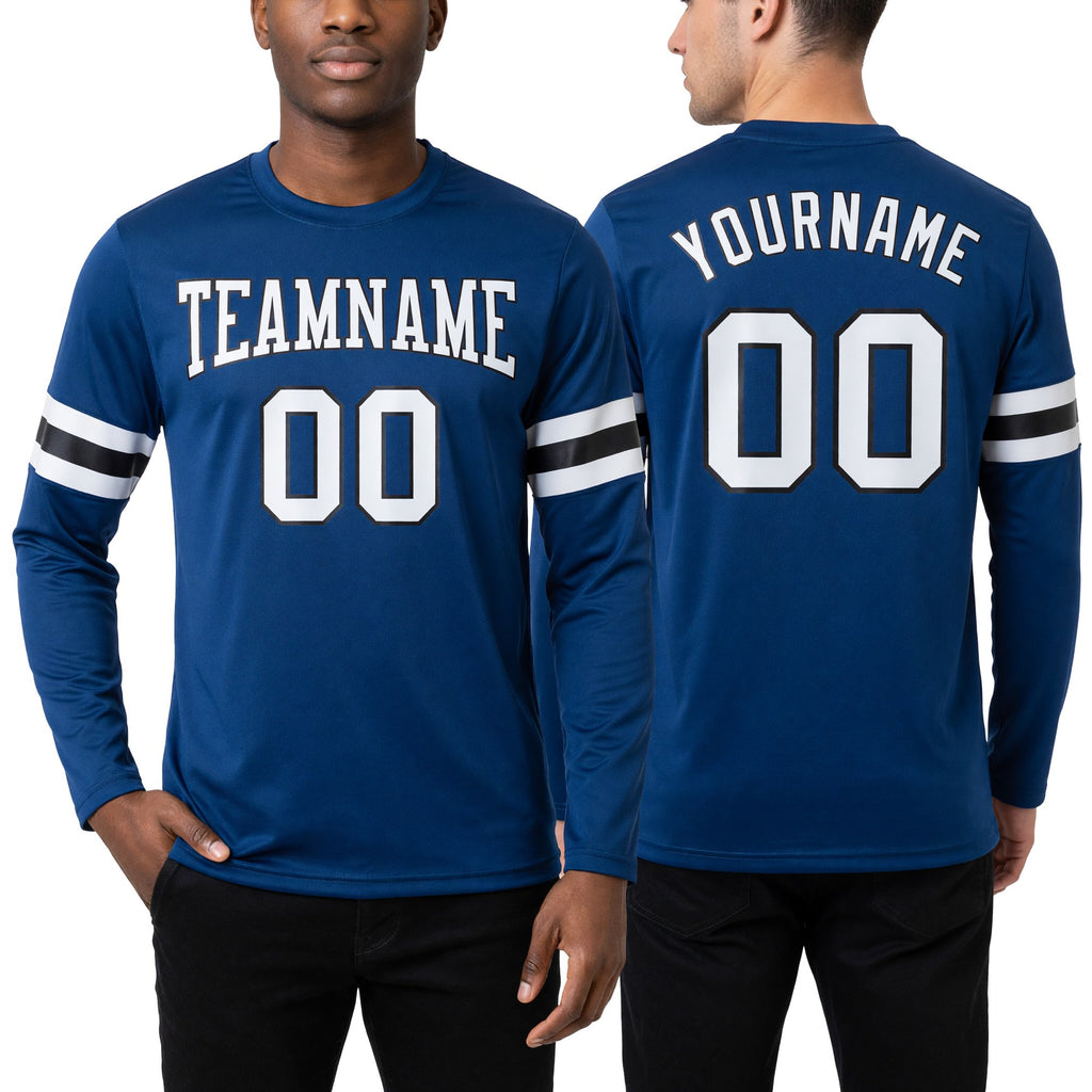 Custom Royal White-Black Long Sleeve Performance T-Shirt worn front and back