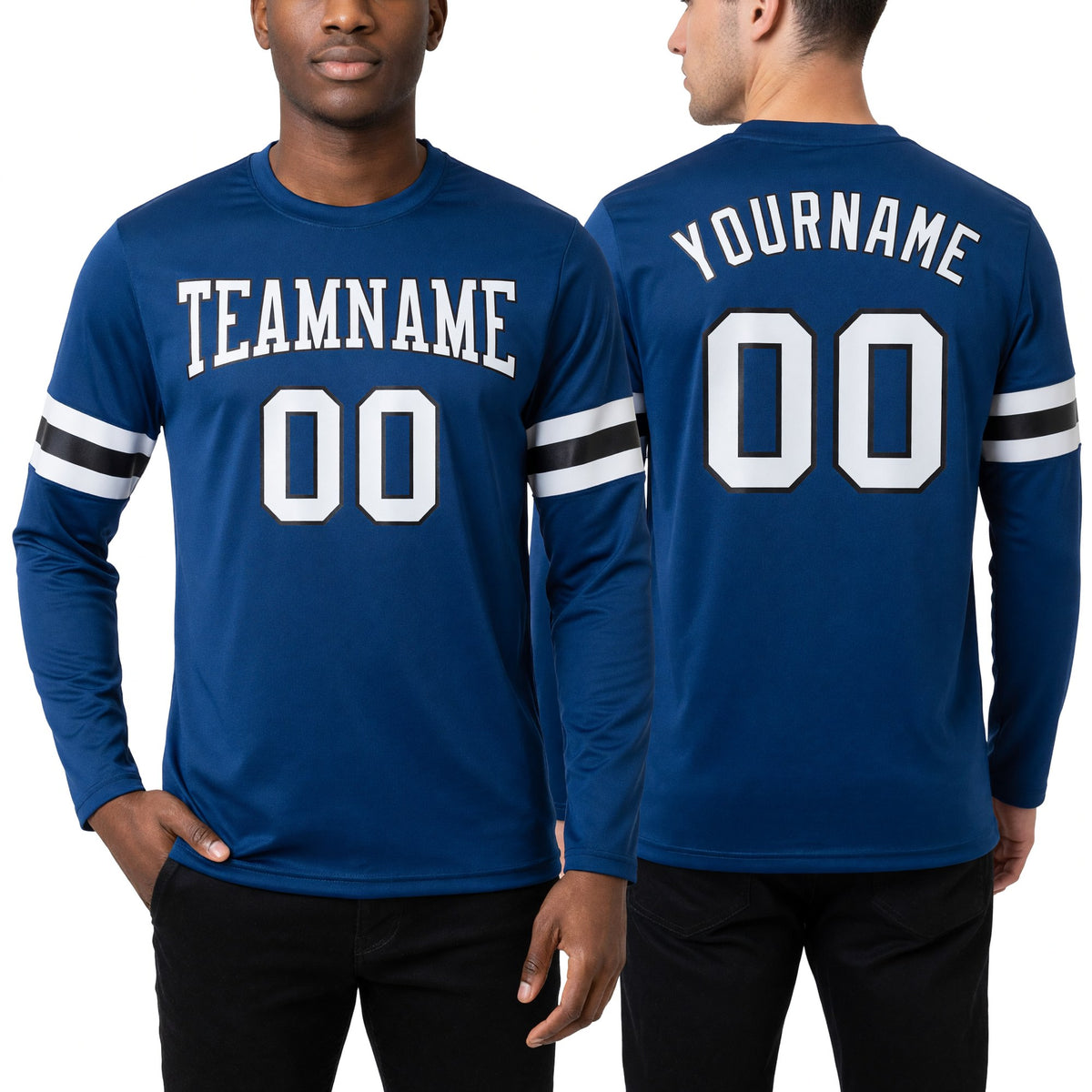 Custom Royal White-Black Long Sleeve Performance T-Shirt worn front and back