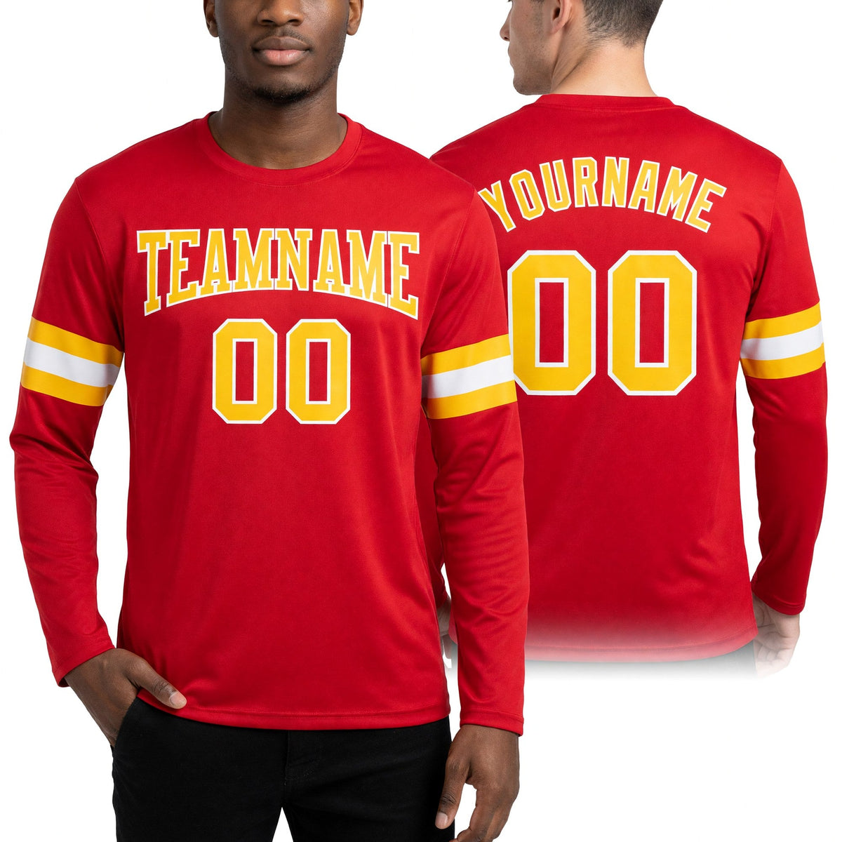 Custom Red Gold-White Long Sleeve Performance T-Shirt worn front and back