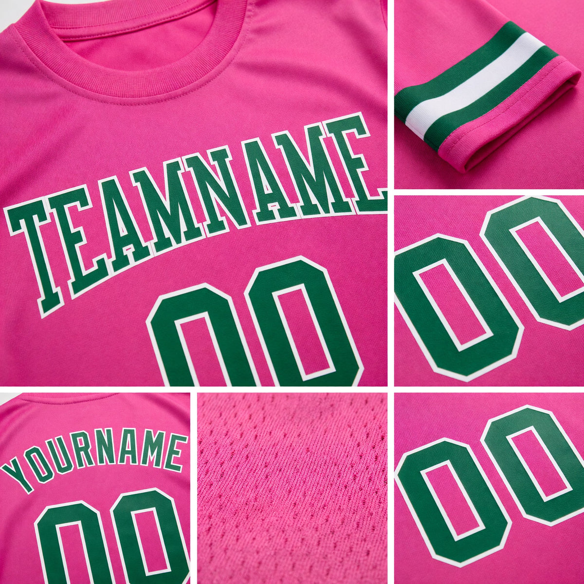 Custom Pink Kelly Green-White Long Sleeve Performance T-Shirt detail