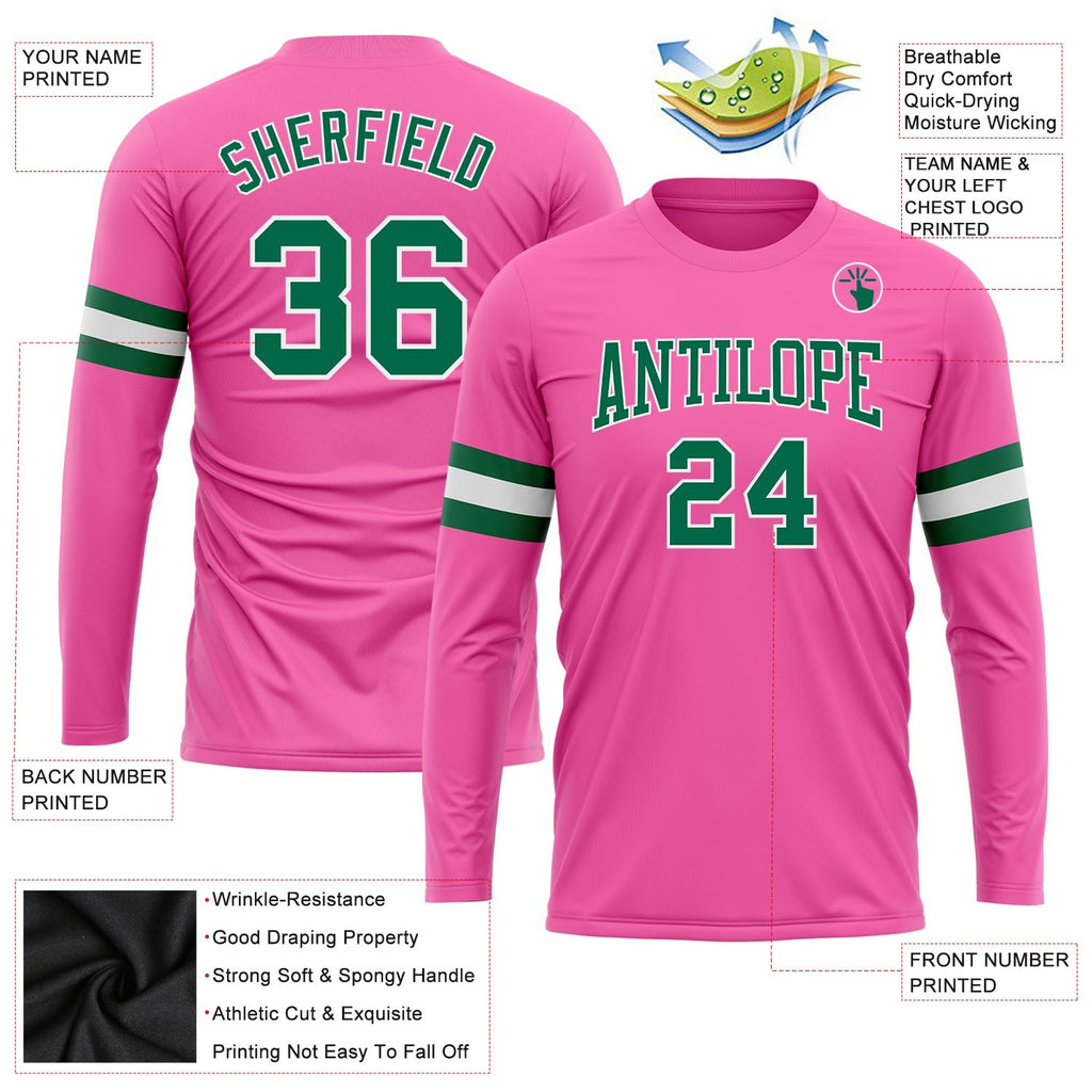 Custom Pink Kelly Green-White Long Sleeve Performance T-Shirt photo 3