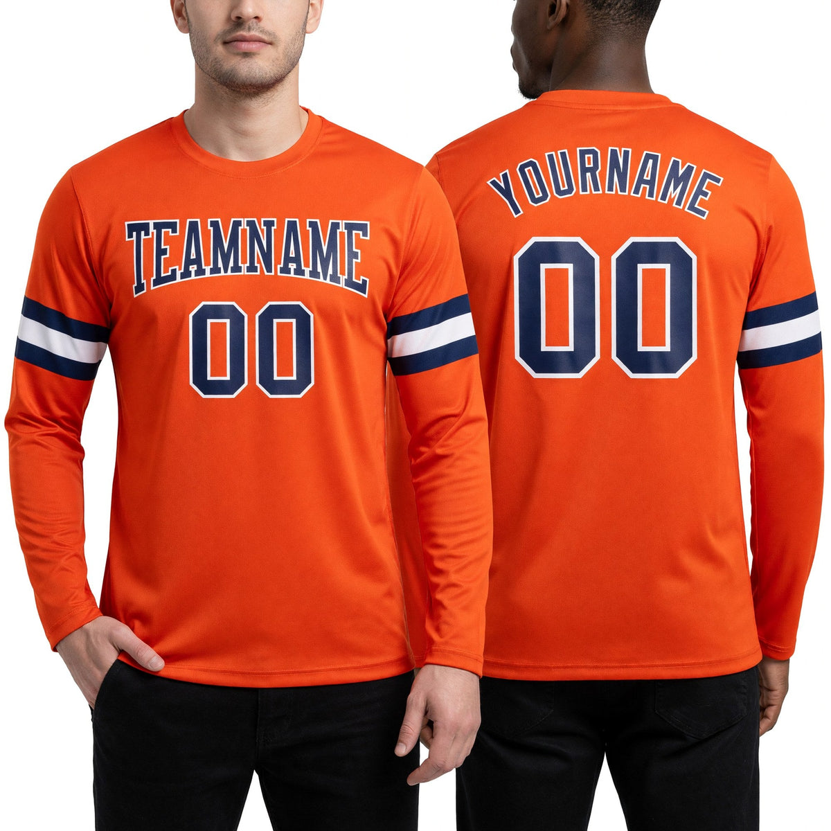 Custom Orange Navy-White Long Sleeve Performance T-Shirt worn front and back