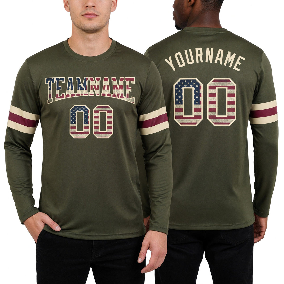 Custom Olive Vintage USA Flag-Cream Long Sleeve Performance Salute To Service T-Shirt worn front and back