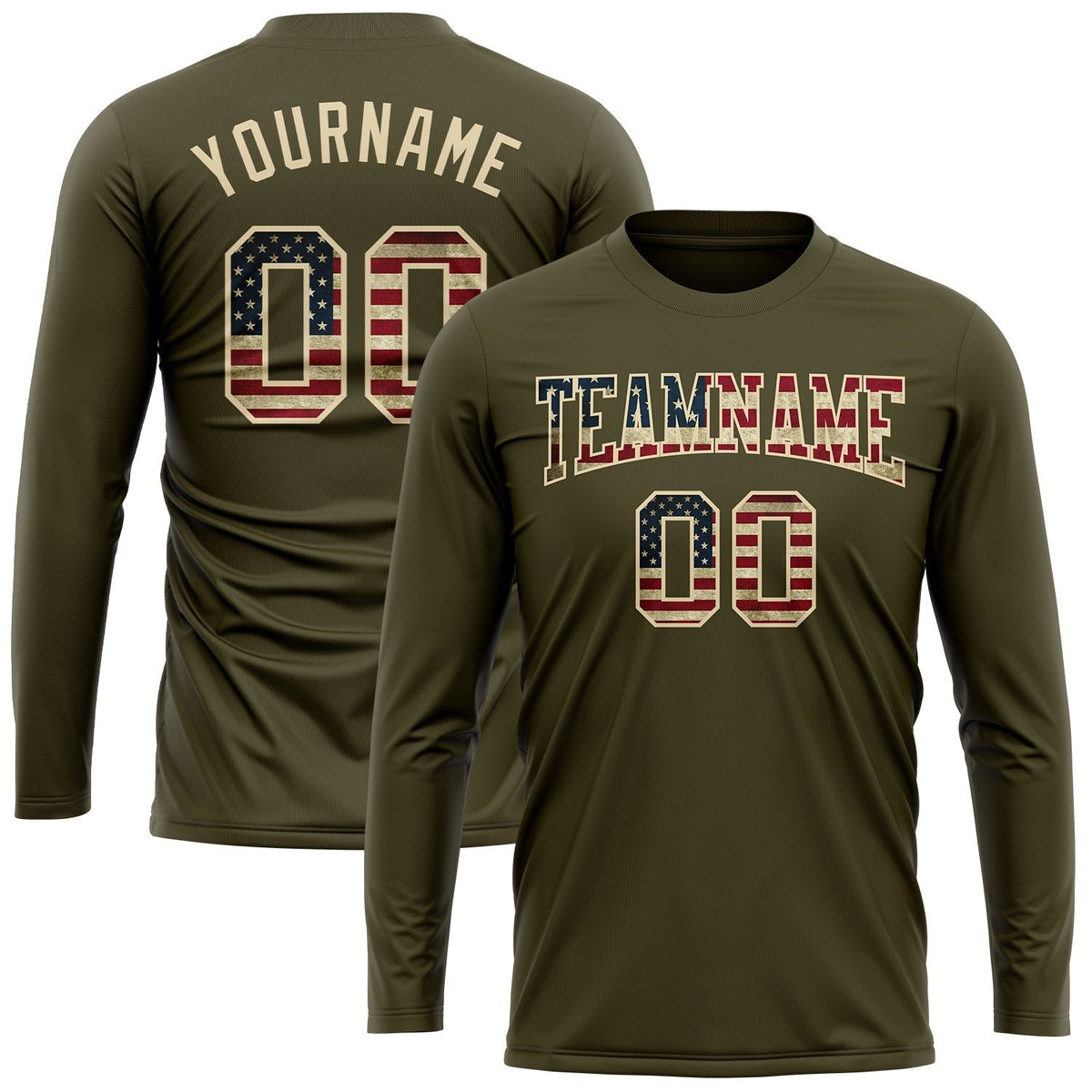 Custom Olive Vintage USA Flag-Cream Long Sleeve Performance Salute To Service T-Shirt photo 2