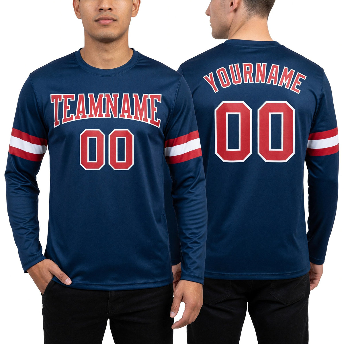 Custom Navy Red-White Long Sleeve Performance Salute To Service T-Shirt worn front and back