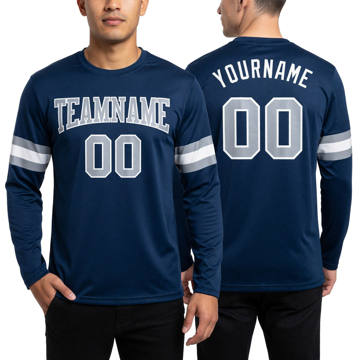 Custom Navy Gray-White Long Sleeve Performance Salute To Service T-Shirt worn front and back