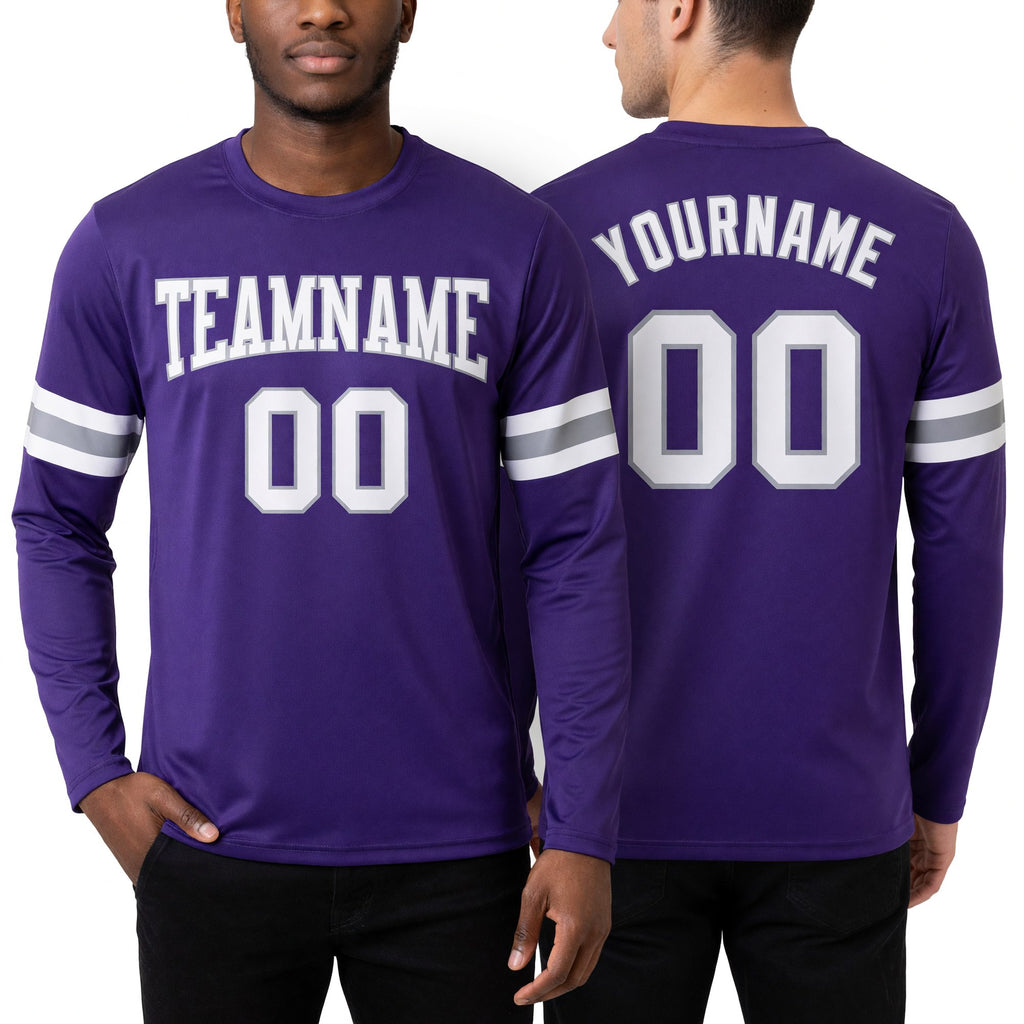 Custom Purple White-Gray Long Sleeve Performance T-Shirt worn front and back