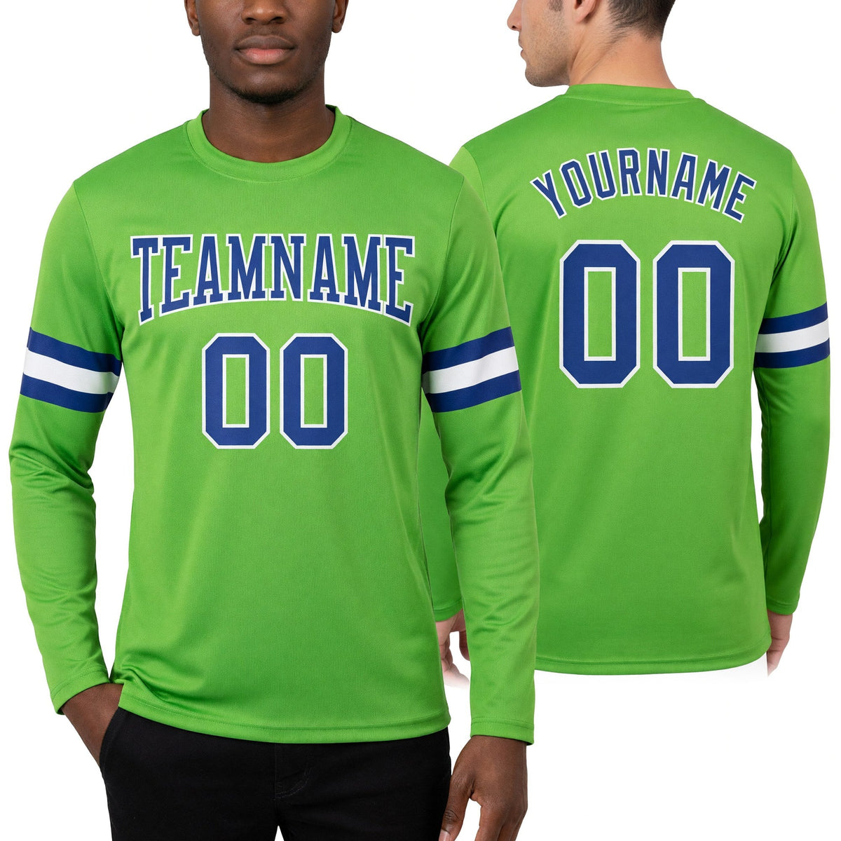 Custom Neon Green Royal-White Long Sleeve Performance T-Shirt worn front and back